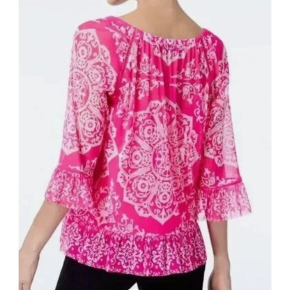 INC Size Medium White Pink Ruffled Nordic Bell Sleeve Square Neck Top Boho Flair - Picture 2 of 12